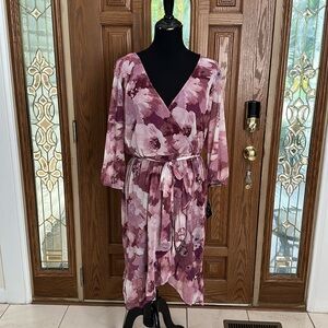 Mauve Floral Wrap Midi Dress with Tie Waist
